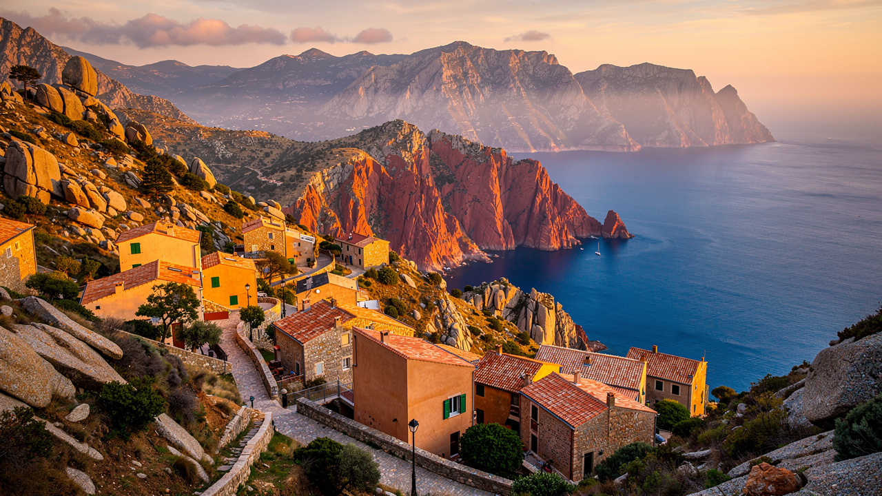 Village de Piana en Corse illuminé par le coucher du soleil, avec ses maisons de granit ocre, les Calanques rouges et le golfe de Porto à l’horizon.