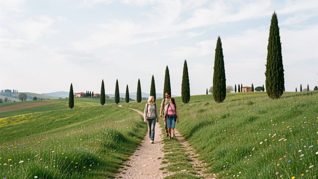 Trois voyageurs marchent sur un sentier d’une colline toscane au printemps, entourés de cyprès, de prairies verdoyantes et de fleurs sauvages sous une lumière douce.
