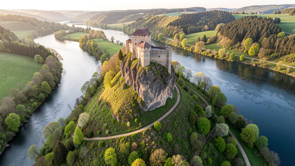 Vue aérienne réaliste d’Arlempdes en Haute-Loire, avec son château perché sur un piton volcanique dominant un méandre de la Loire et un sentier de randonnée dans une végétation printanière.