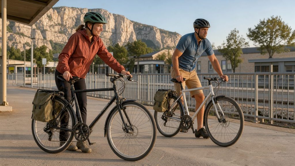 Deux cyclistes, une femme et un homme, arrivent à vélo devant la gare de Millau, avec les falaises des Grands Causses baignées par la douce lumière du matin.