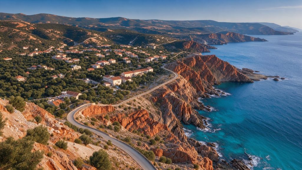 Route panoramique longeant les falaises rouges de la côte ouest de la Corse, avec la mer turquoise et des villages méditerranéens baignés de soleil.