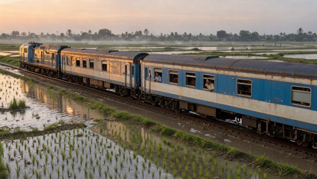 Train vietnamien bleu et blanc traversant des rizières au lever du jour, avec une femme et un homme visibles aux fenêtres dans une ambiance de voyage lent.