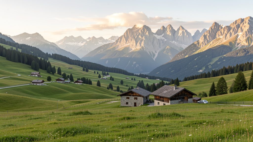 Vue matinale de la vallée de Thônes, avec des prairies alpines, des fermes traditionnelles et le massif des Aravis éclairé par une douce lumière de fin d’été.