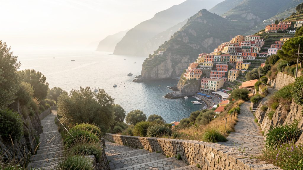Vue matinale réaliste depuis un sentier au-dessus de Vernazza, avec ses maisons colorées, son port et la mer de Ligurie dans une lumière douce.